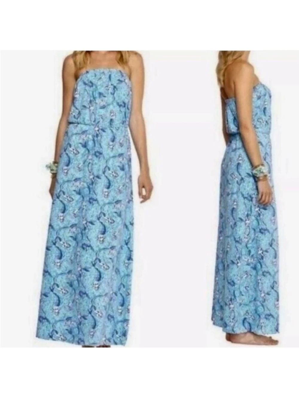 Lilly Pulitzer Marlisa Nice Tail Mermaid Maxi dress strapless blue medium Pima